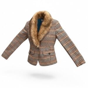 City DKNY Houndstooth Wool Blazer Women 6 Brown Faux Fur Collar Excellent